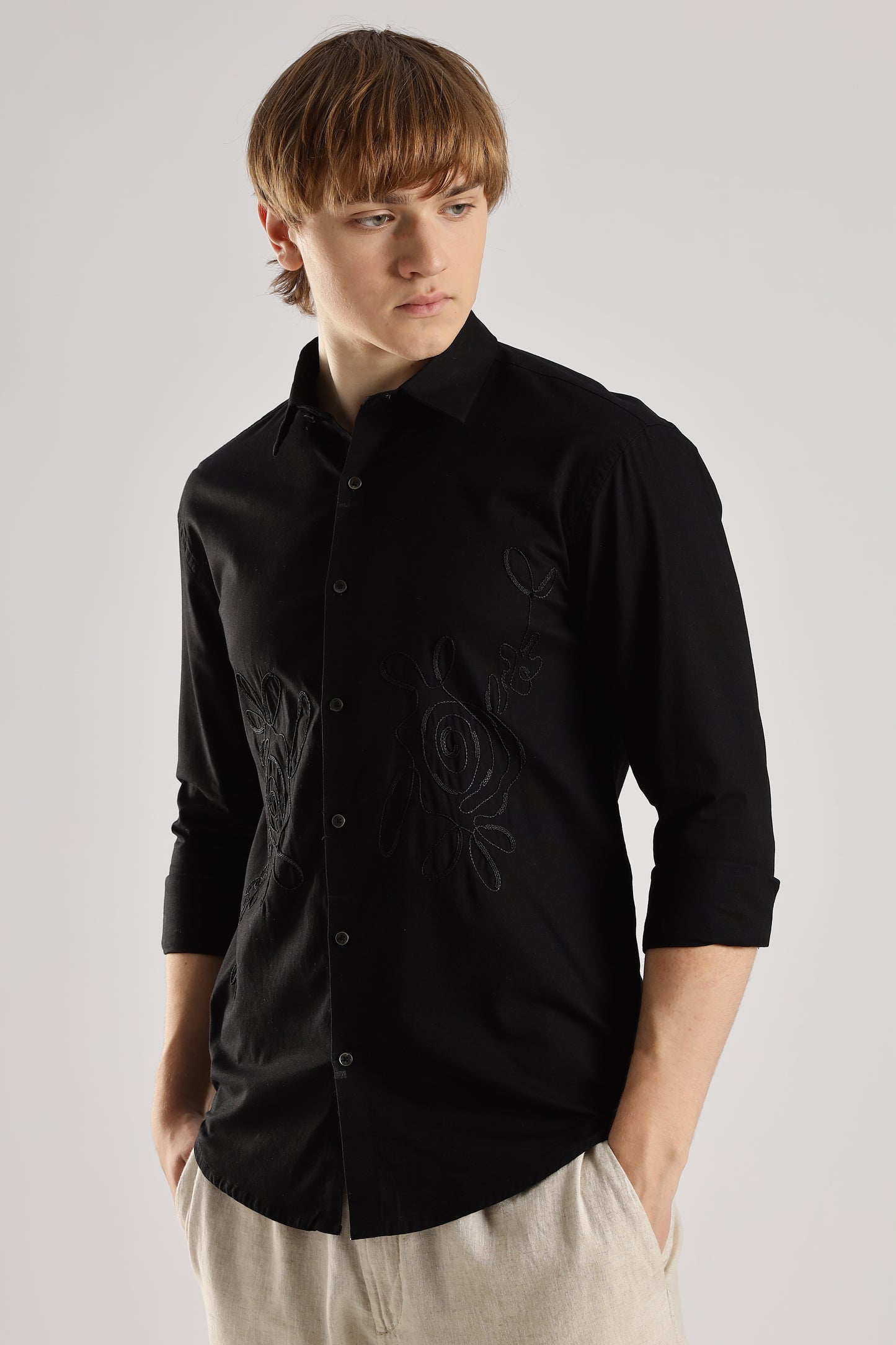 Black Floral Embroidered Shirt