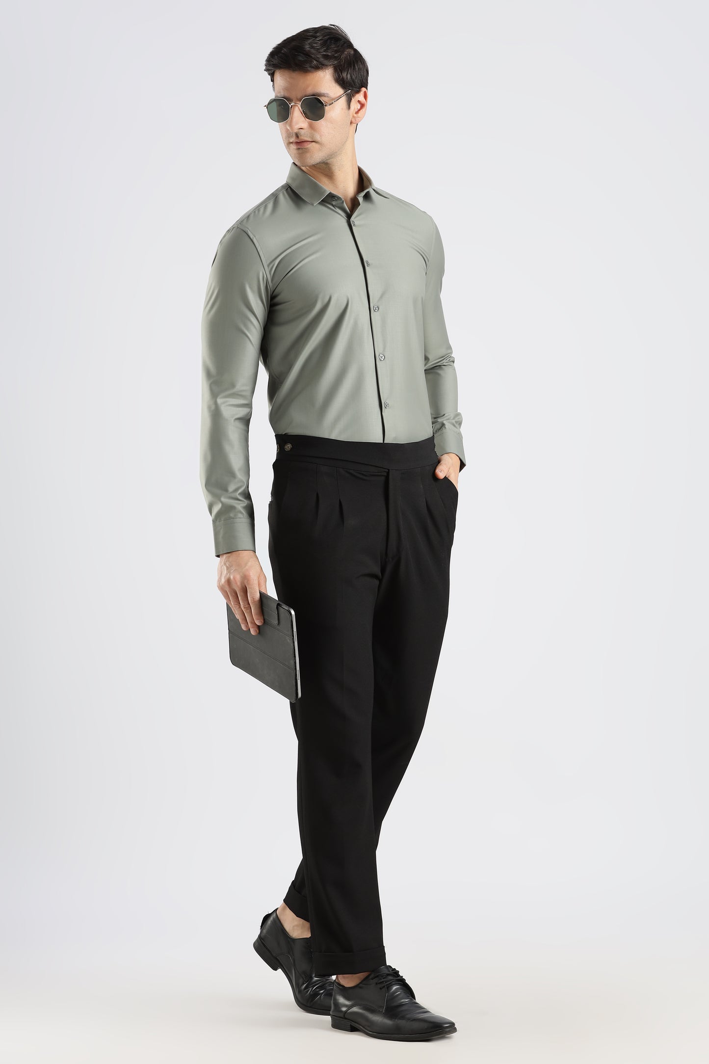 Plain Olive Green Melange Wrinkle Free Shirt