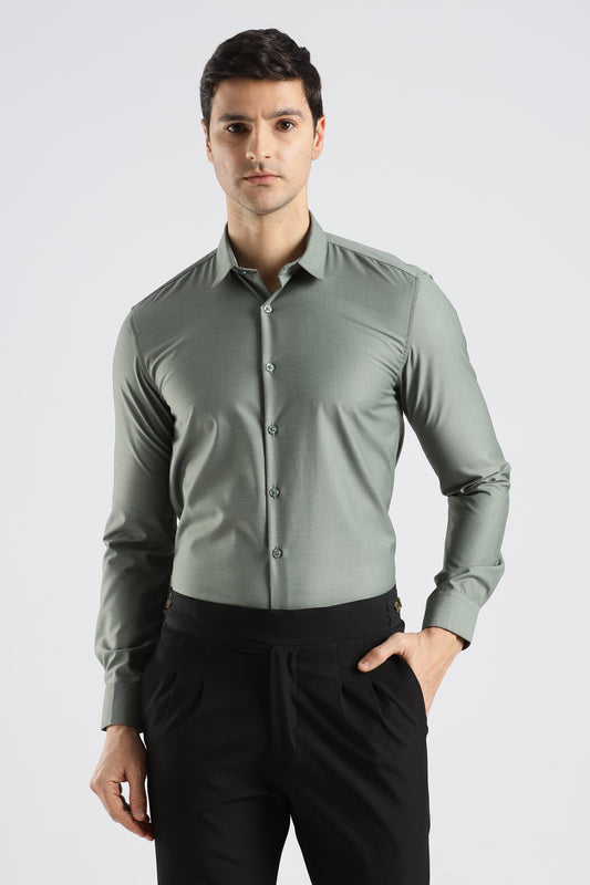 Plain Ash Green Melange Wrinkle Free Shirt