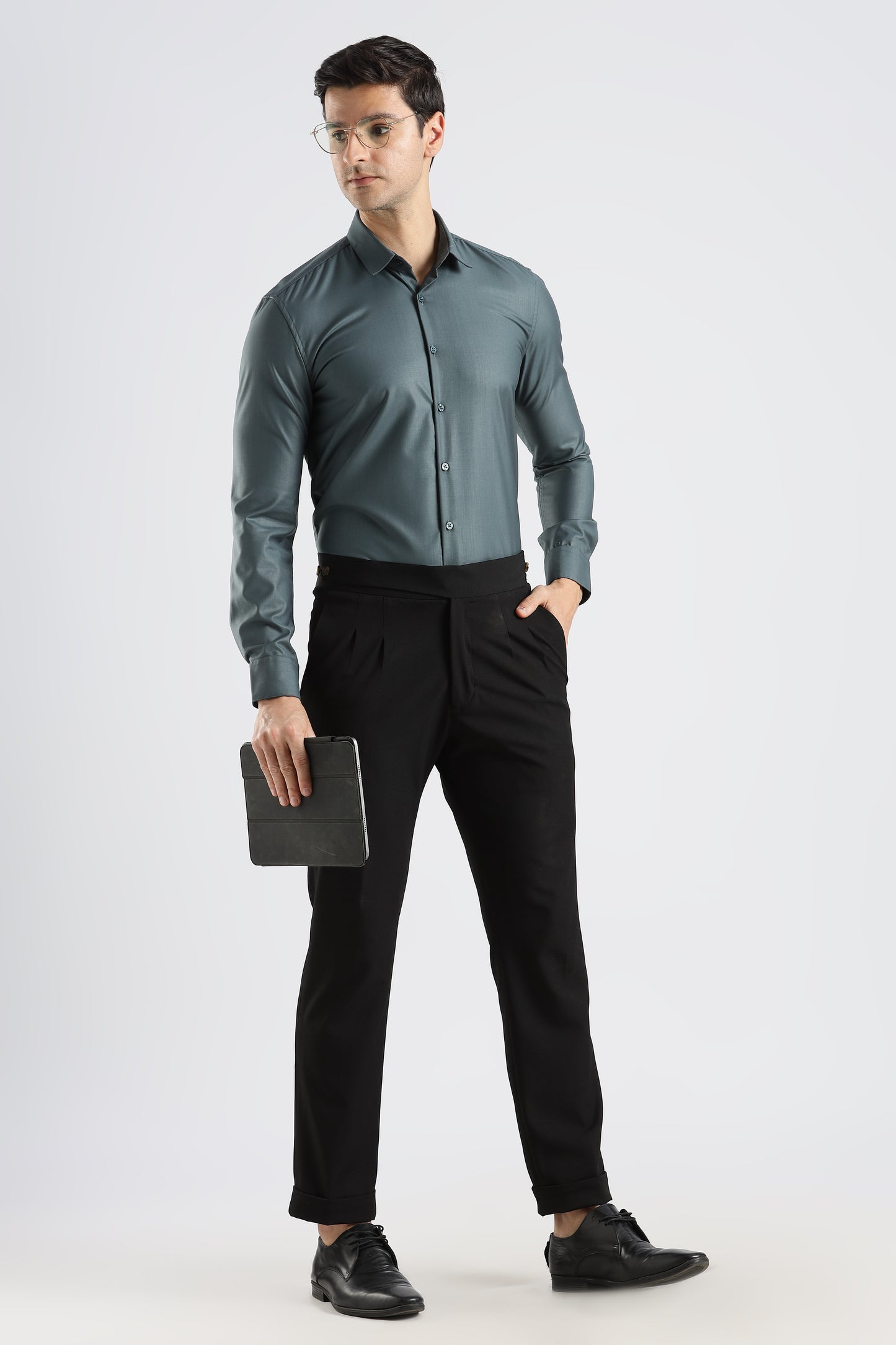Plain Teal Grey Melange Wrinkle Free Shirt
