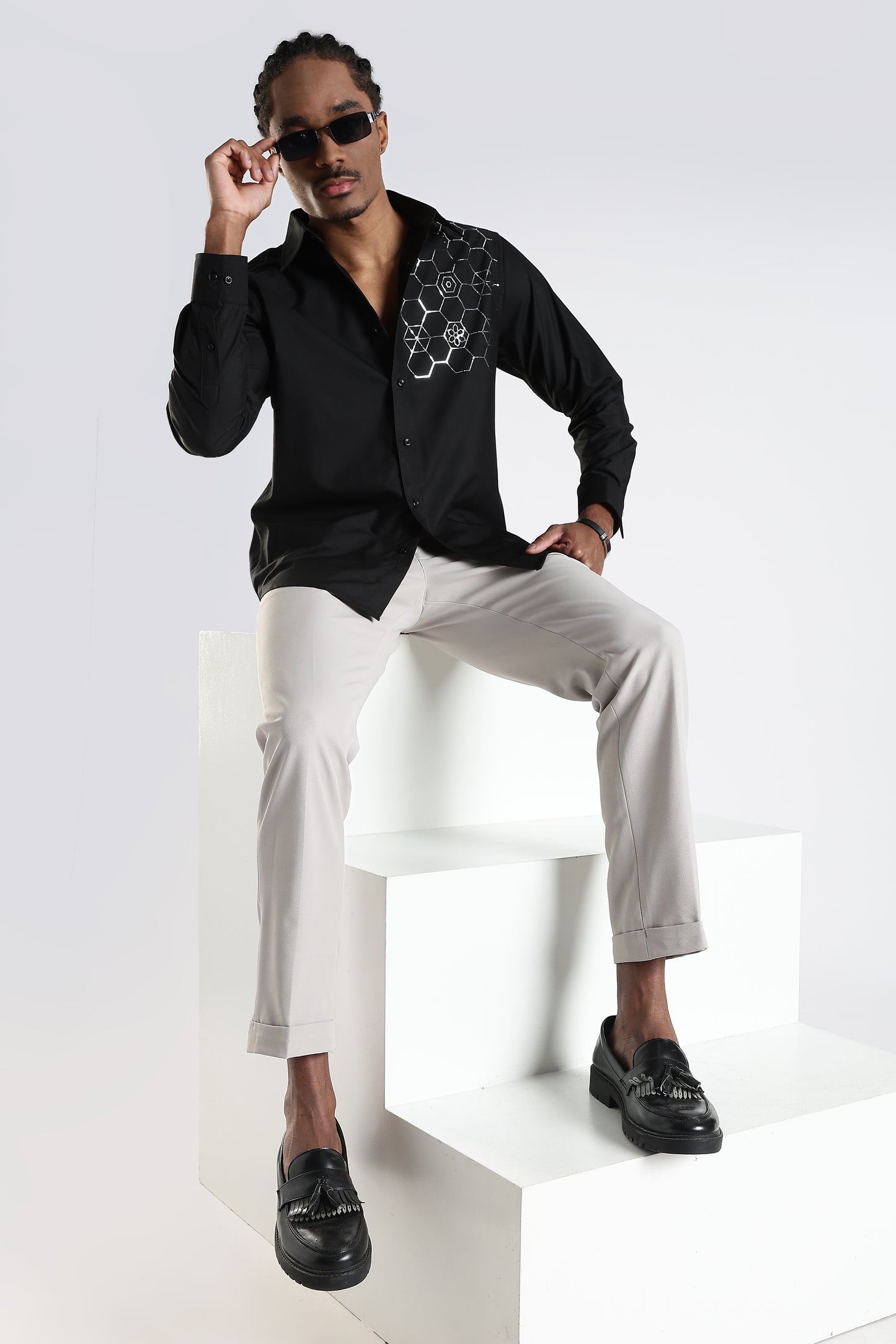 Regular Fit Black Stone Design Embroidery Shirt