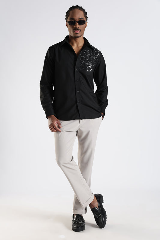 Regular Fit Black Stone Design Embroidery Shirt