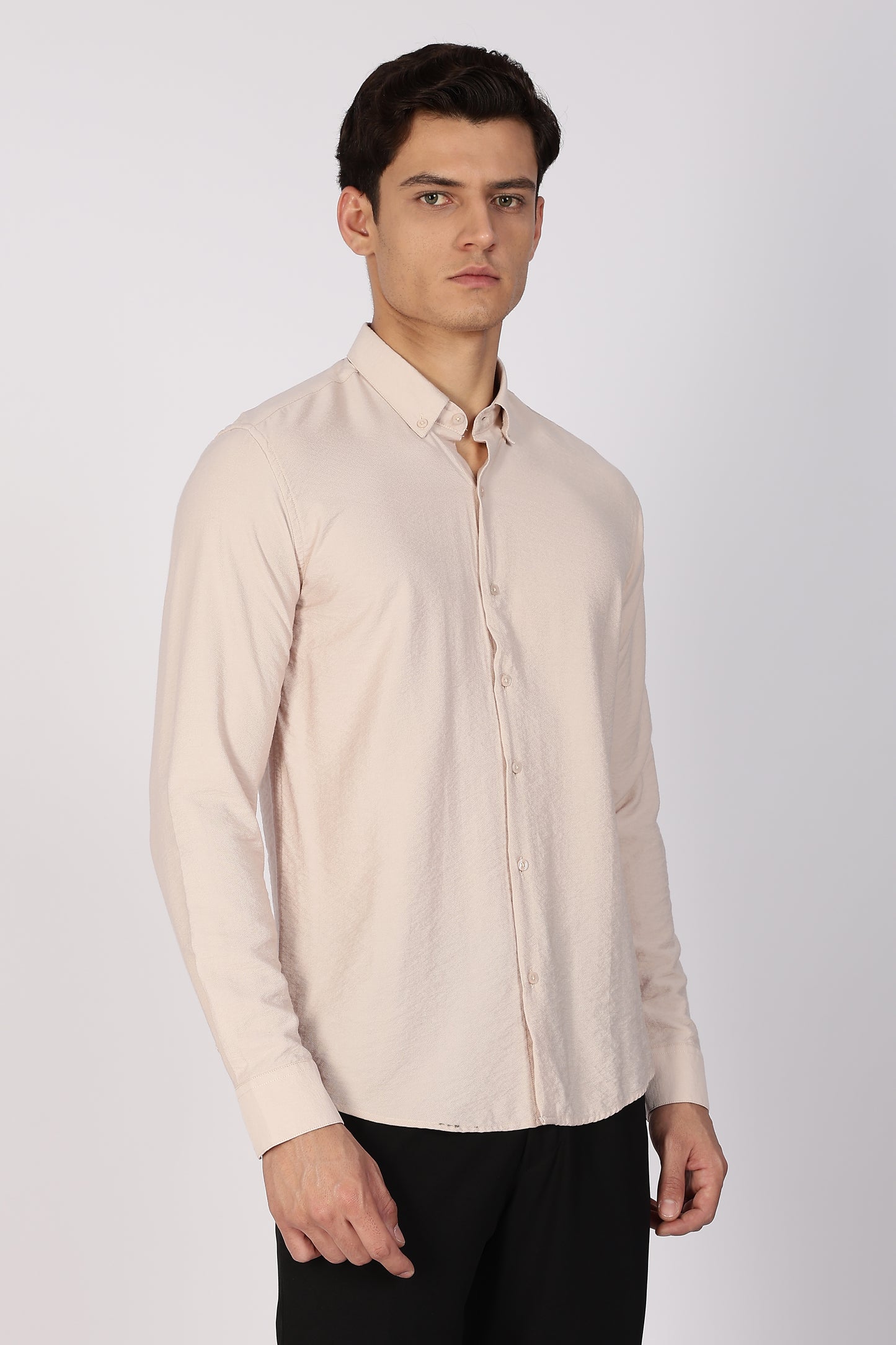 Classic Beige Crushed Blended-Linen Slim Fit Shirt