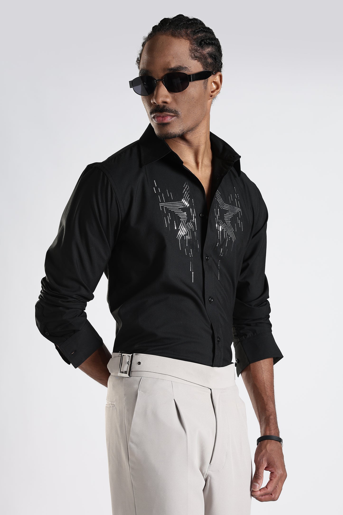 Regular Fit Black Stone Desiner Embroidery Shirt