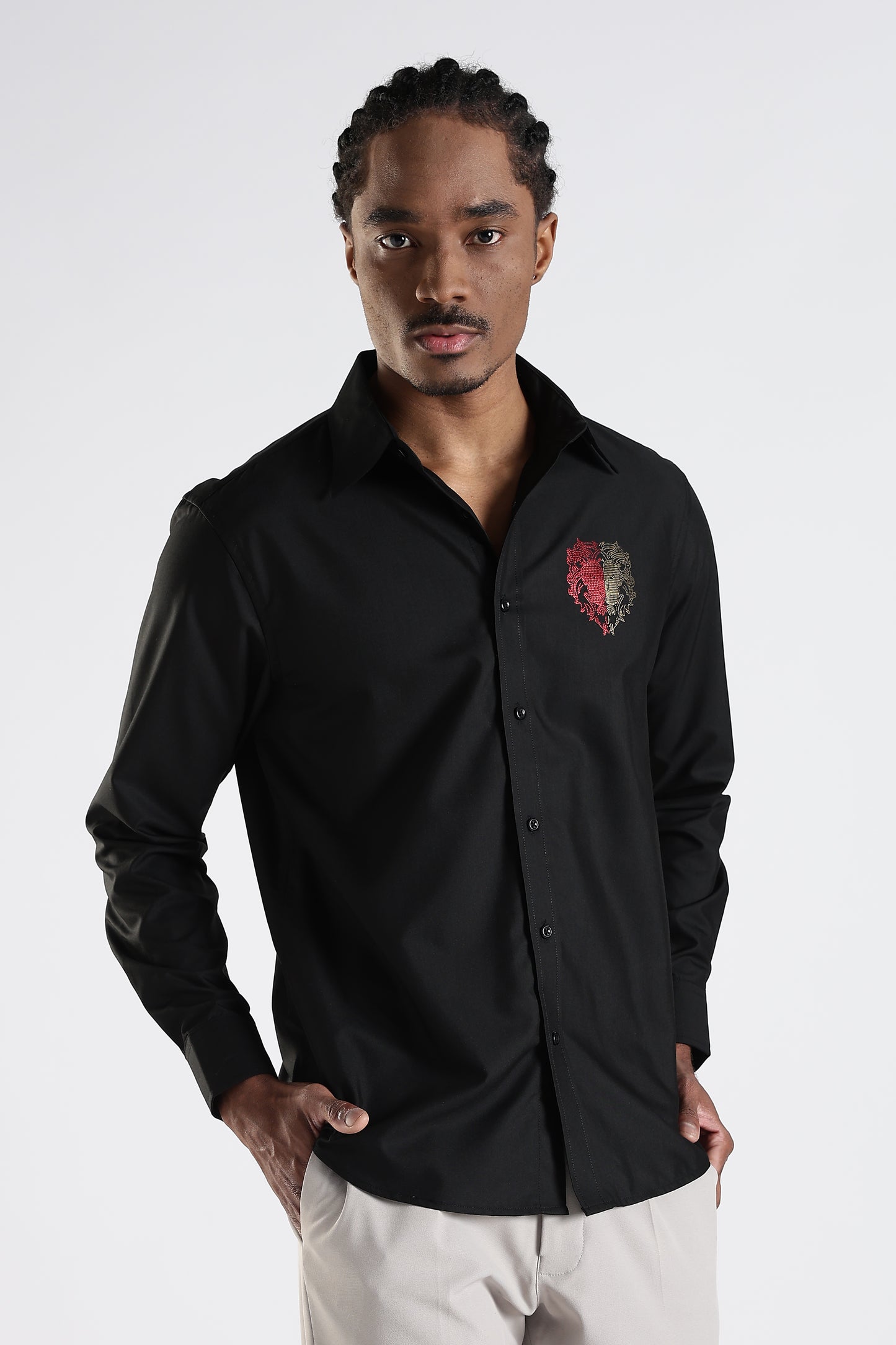 Regular Fit Black Embroidery Stone Designer Shirt
