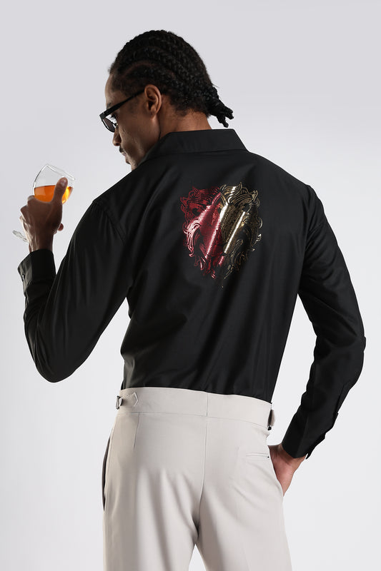 Regular Fit Black Embroidery Stone Designer Shirt