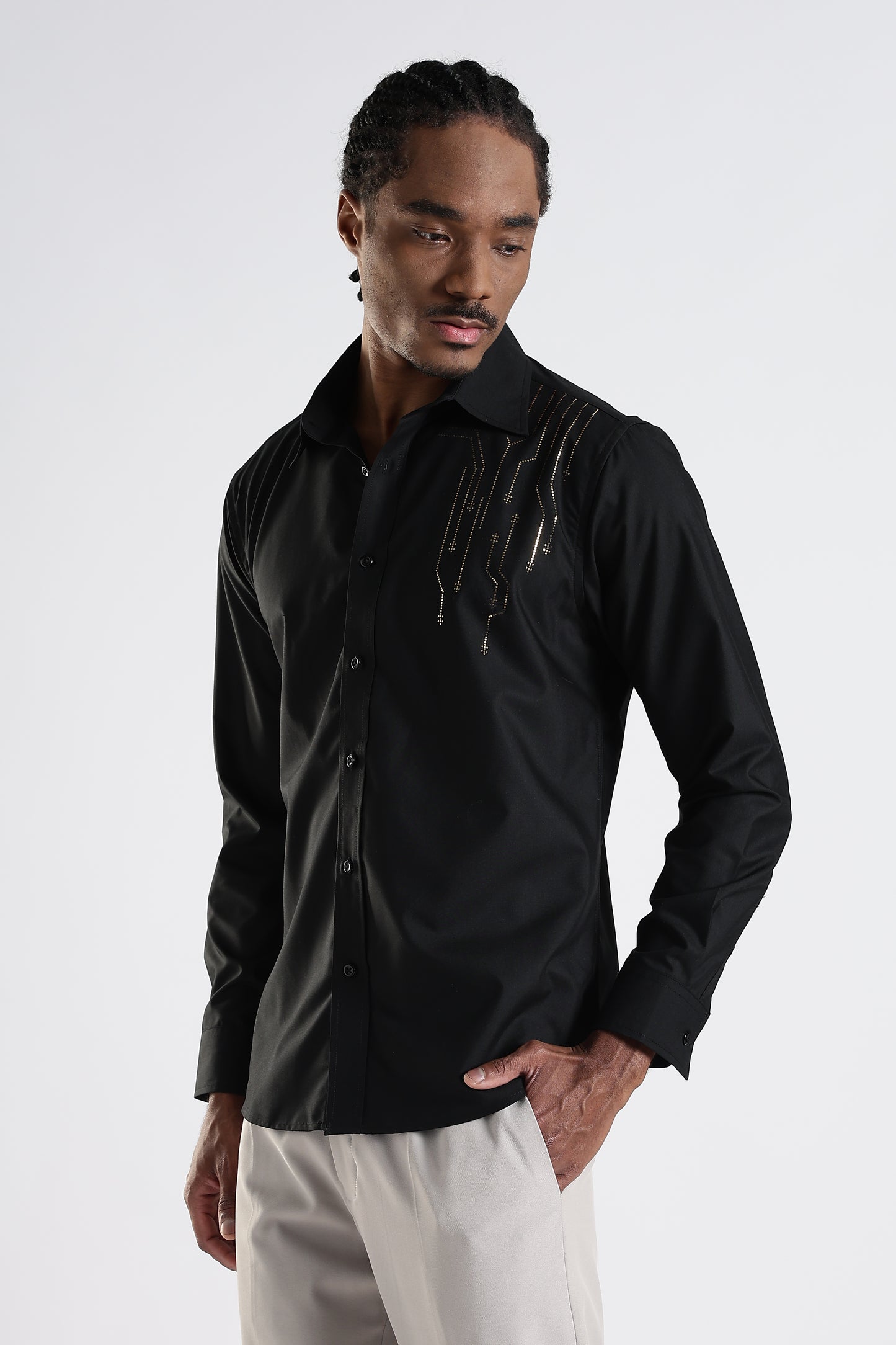 Regular Fit Black Stone Designer Embroidery Shirt