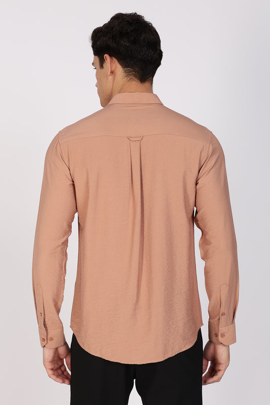 Light Brown Crushed Blended-Linen Slim Fit Shirt