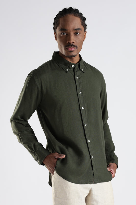 Regular Fit Pure Linen Olive Green Shirt