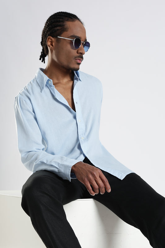 Regular Fit Baby Blue Pure Linen Shirt