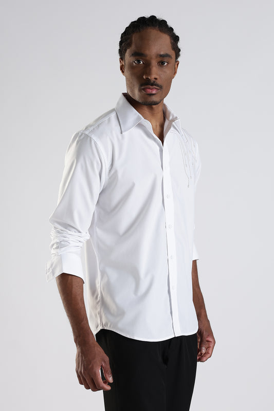 Regular Fit White Embroidery Stone Design Shirt