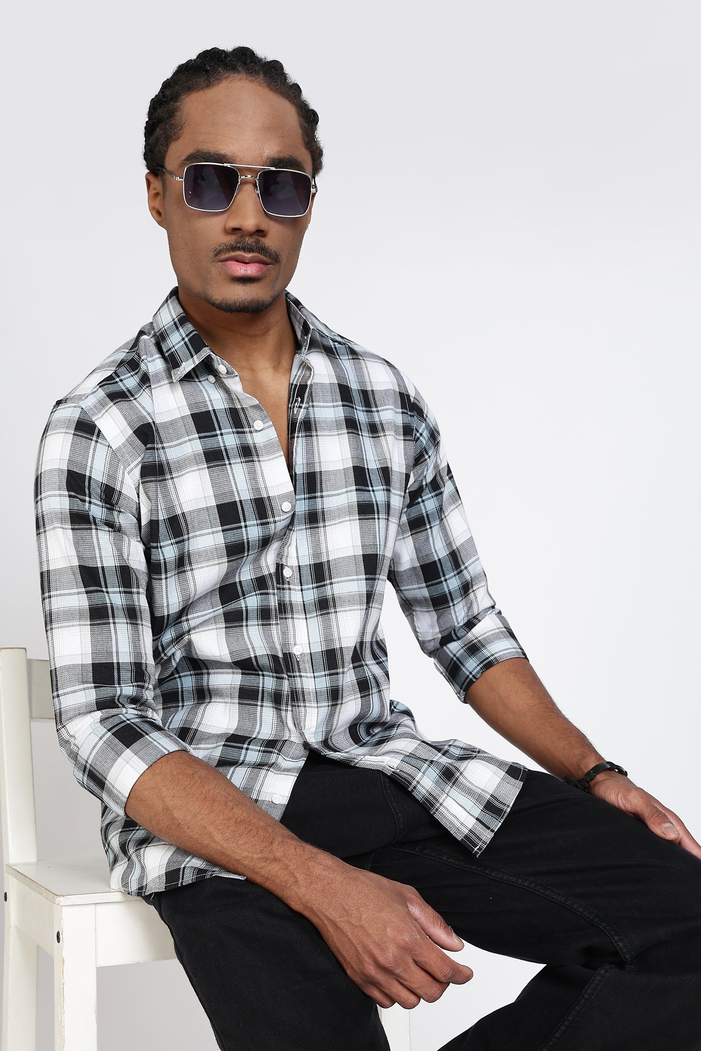 Regular Fit White Shirt with Black & Grey Tartan Checks