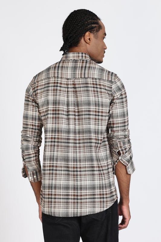 Regular Fit Beige Tartan Checked Casual Shirt
