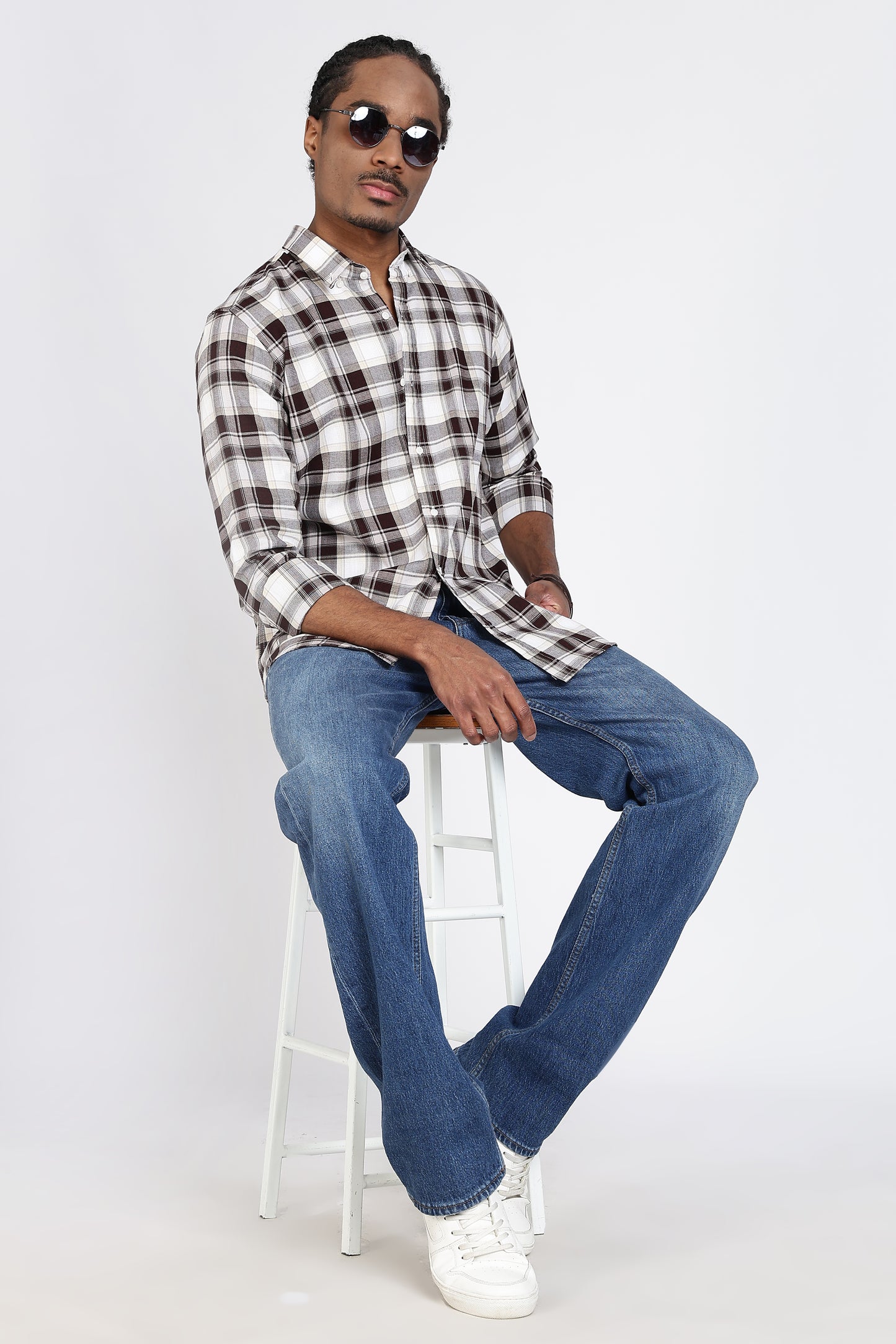 Regular Fit White Shirt with Brown & Black Tartan Checks