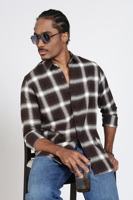 Regular Fit Brown Windowpane Checked Shirt