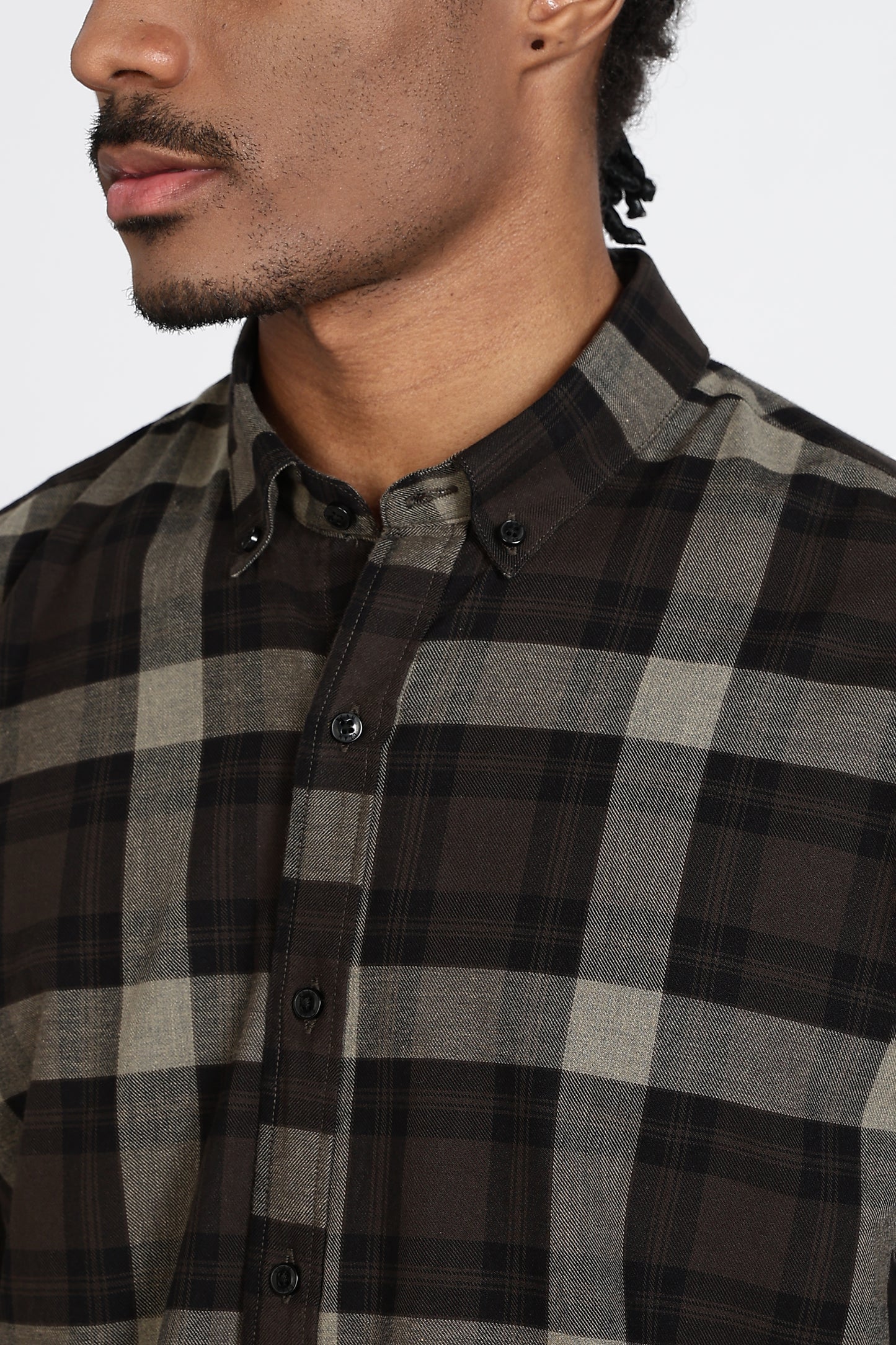 Regular Fit Black Olive Plaid Checked Shirt