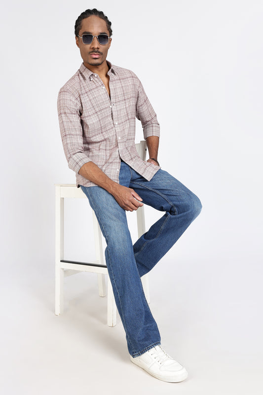 Regular Fit Light Brown Plaid Checked Shirt