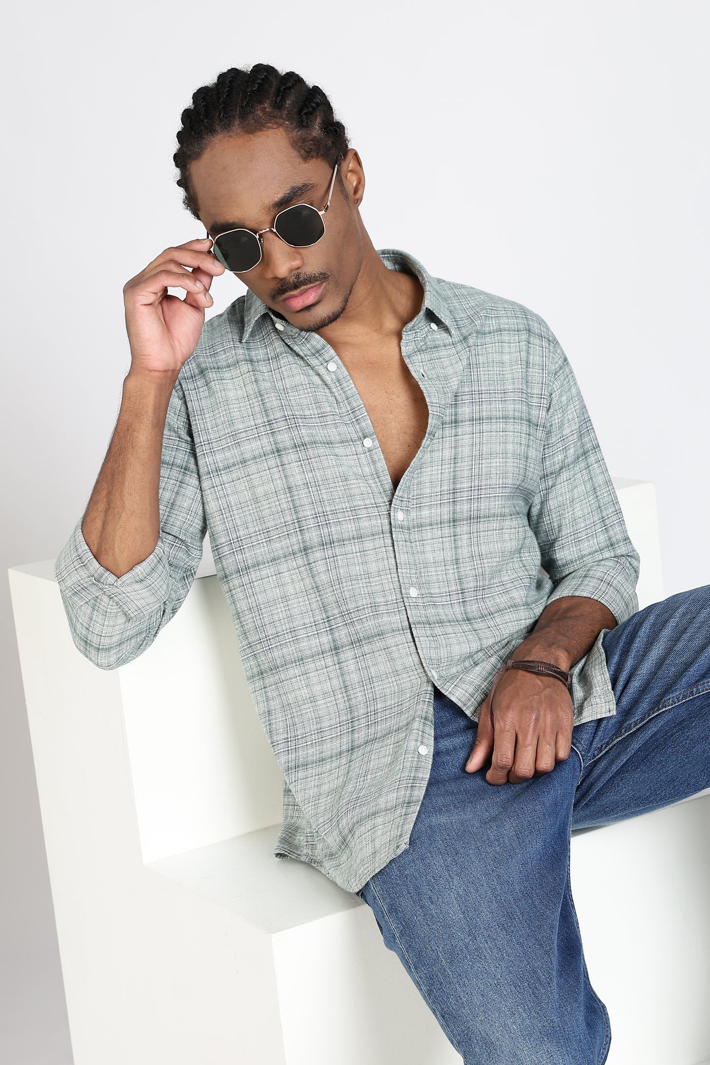 Regular Fit Light Green Plaid Checked Shirt