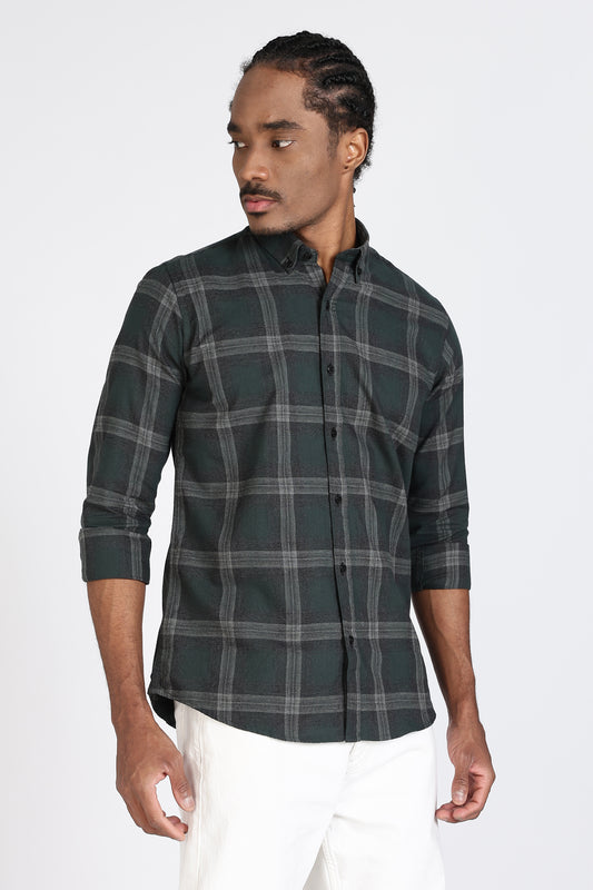 Regular Fit Dark Green & Grey Windowpane Checked Shirt