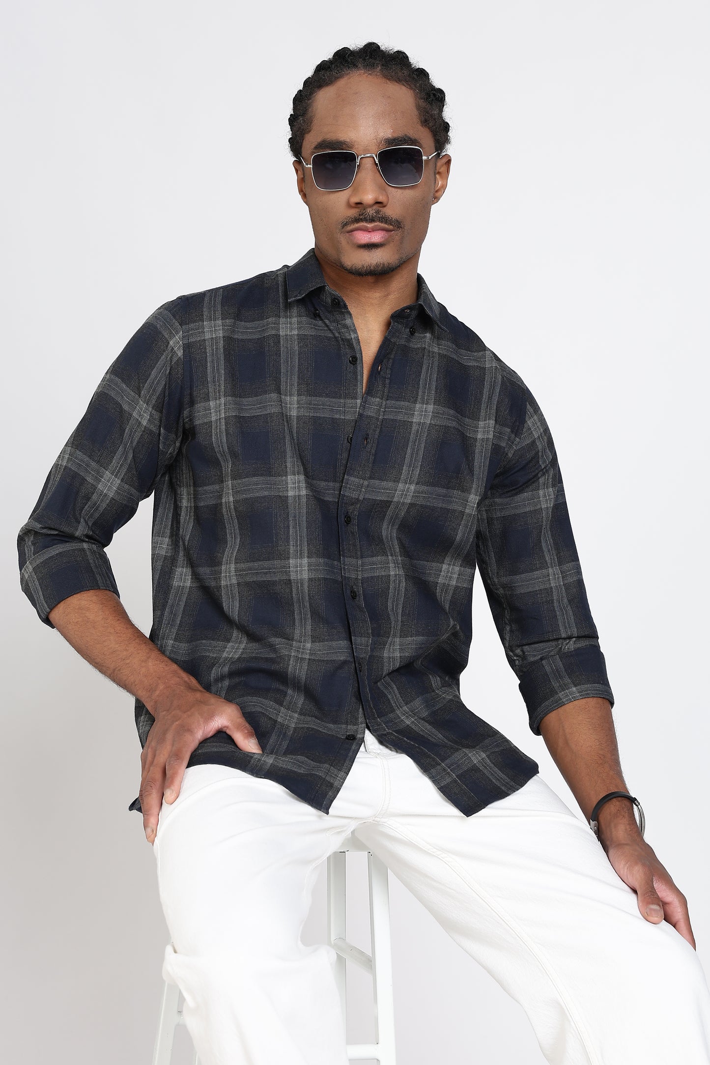 Regular Fit Navy Blue & Grey Windowpane Checked Shirt