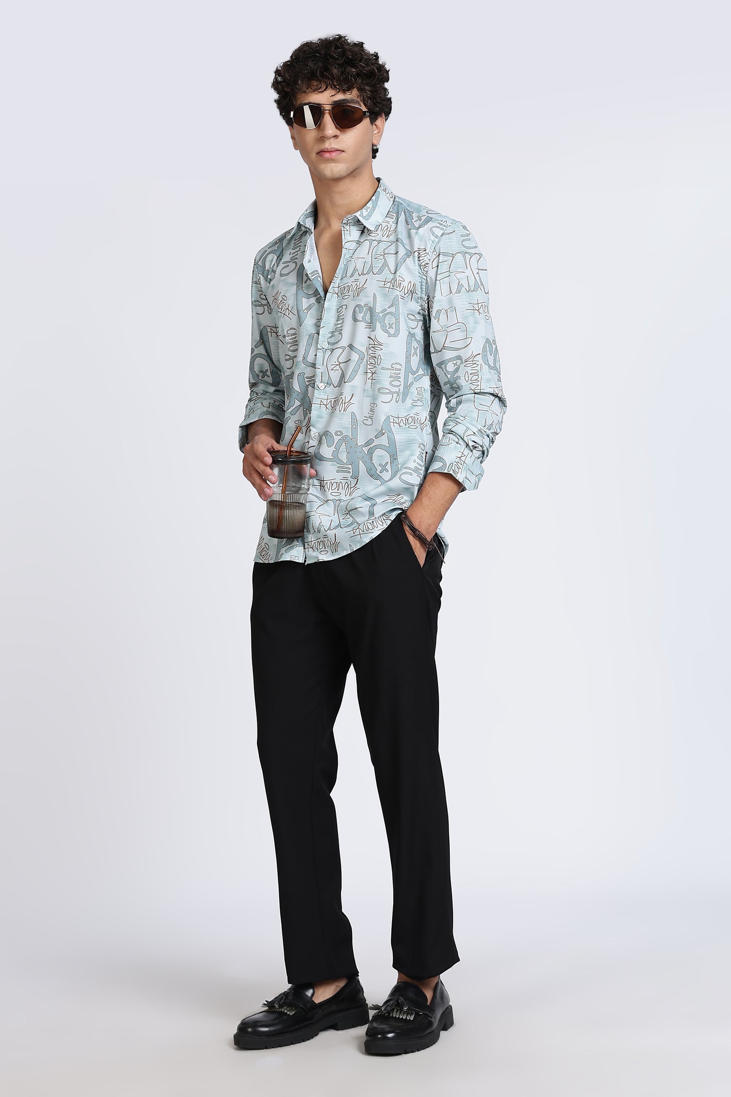 Light Blue Abstract Printed Melange Shirt