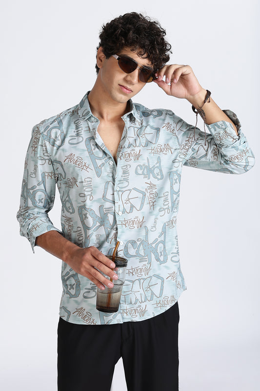 Light Blue Abstract Printed Melange Shirt