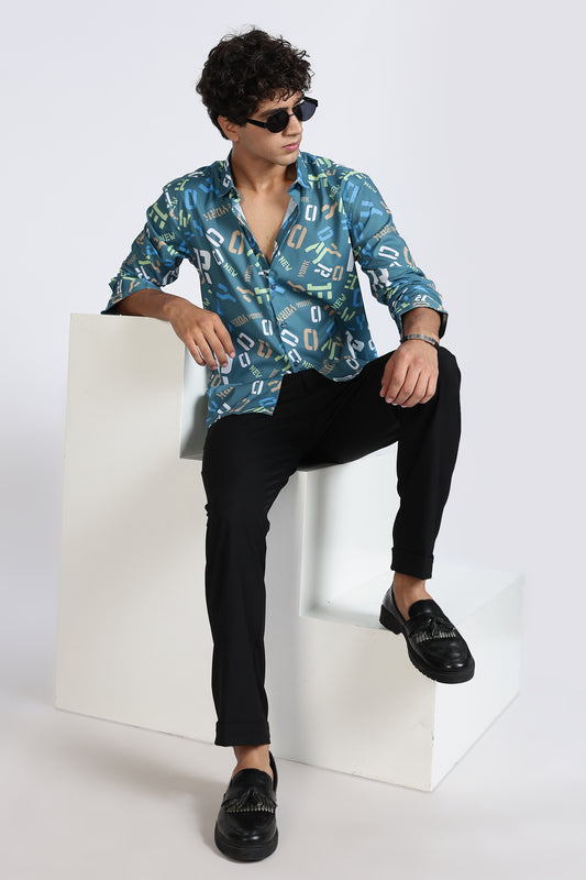 Teal Abstract Printed Melange Shirt