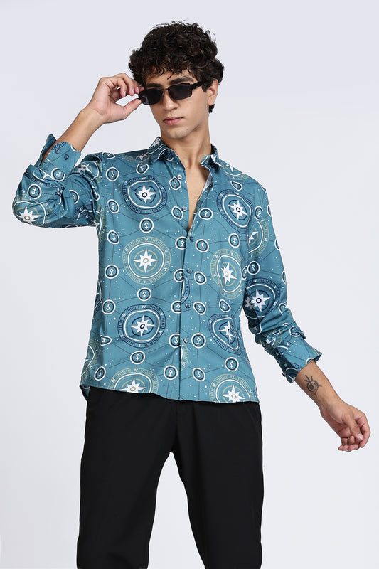 Teal Compass Printed Melange Shirt