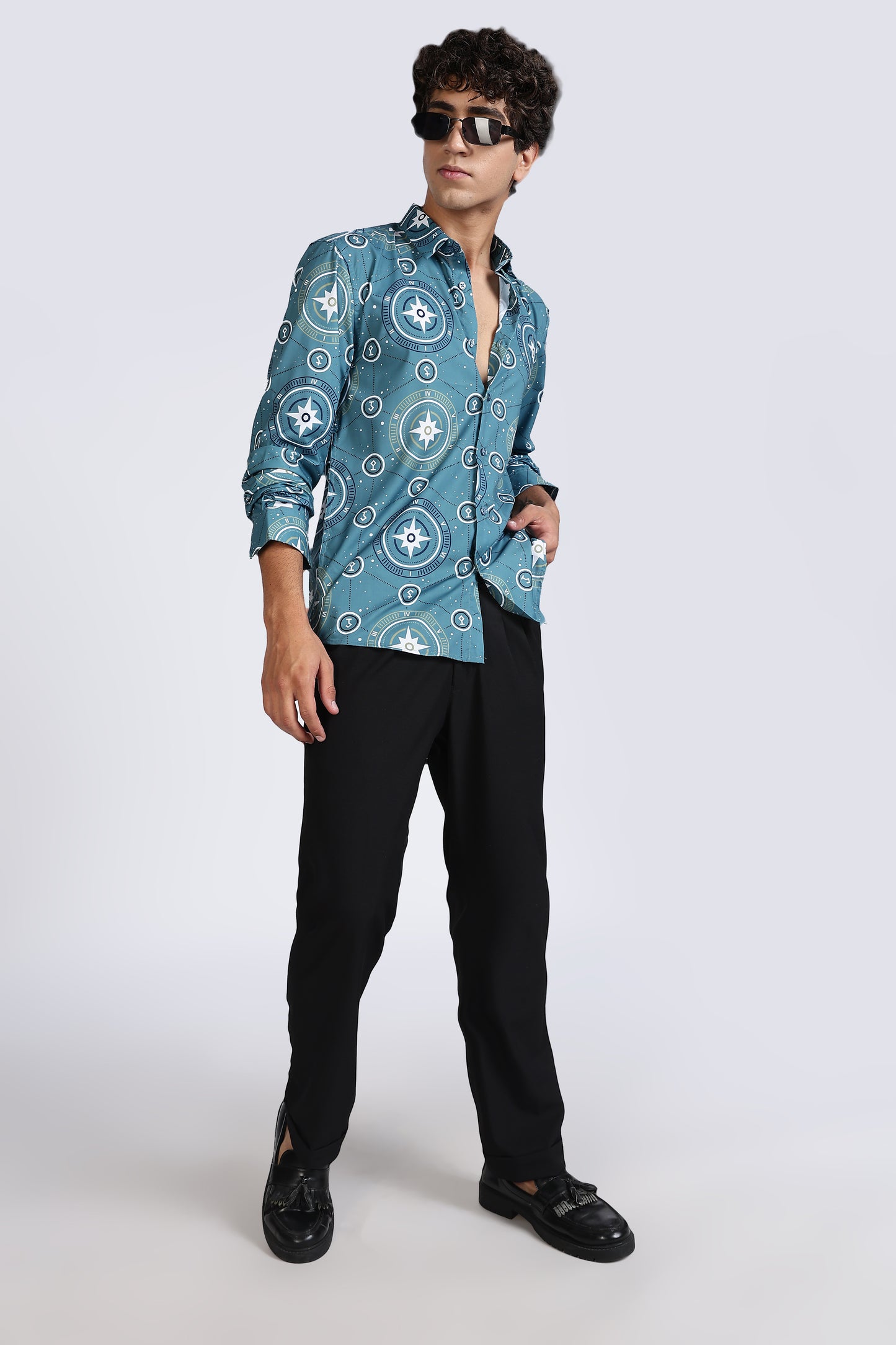 Teal Compass Printed Melange Shirt