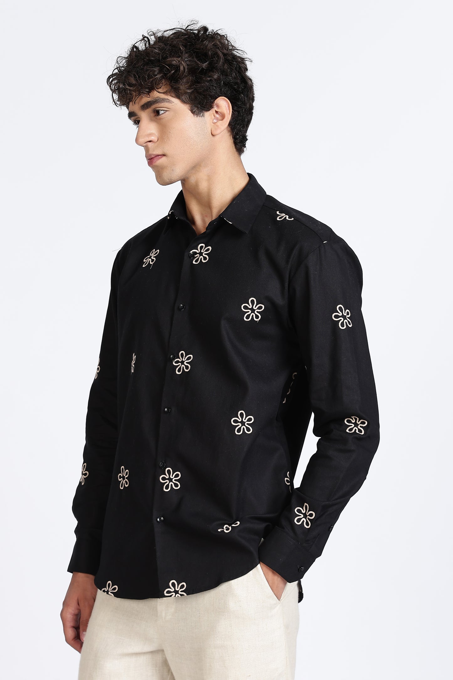 Black Embroidered Floral Designer Shirt Regular Fit