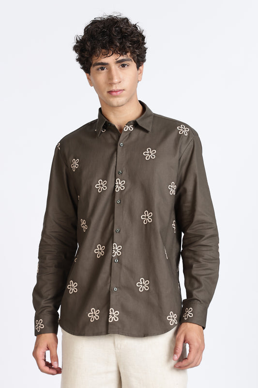 Olive Green Embroidered floral Designer Shirt Regular Fit