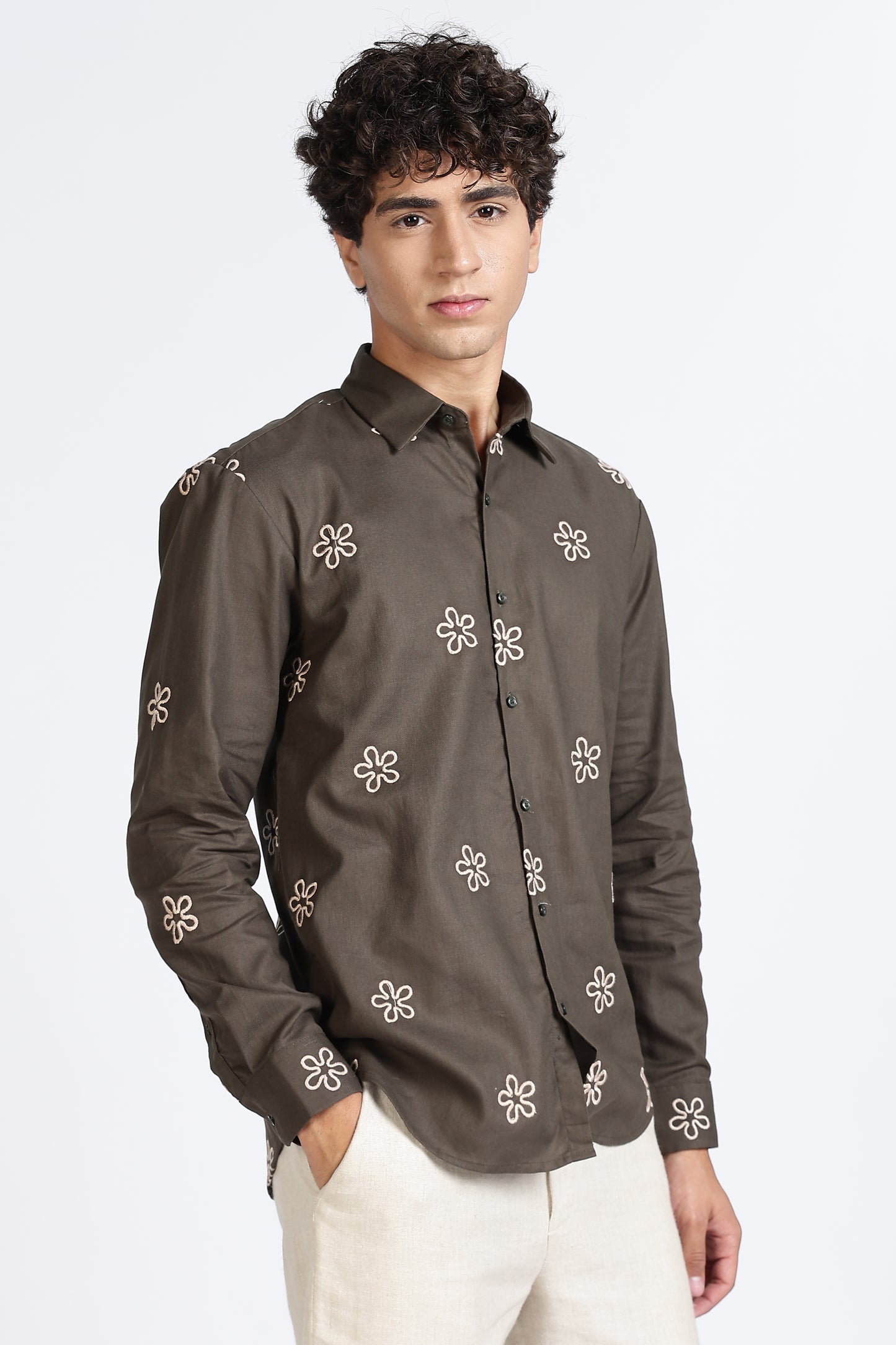 Olive Green Embroidered floral Designer Shirt Regular Fit