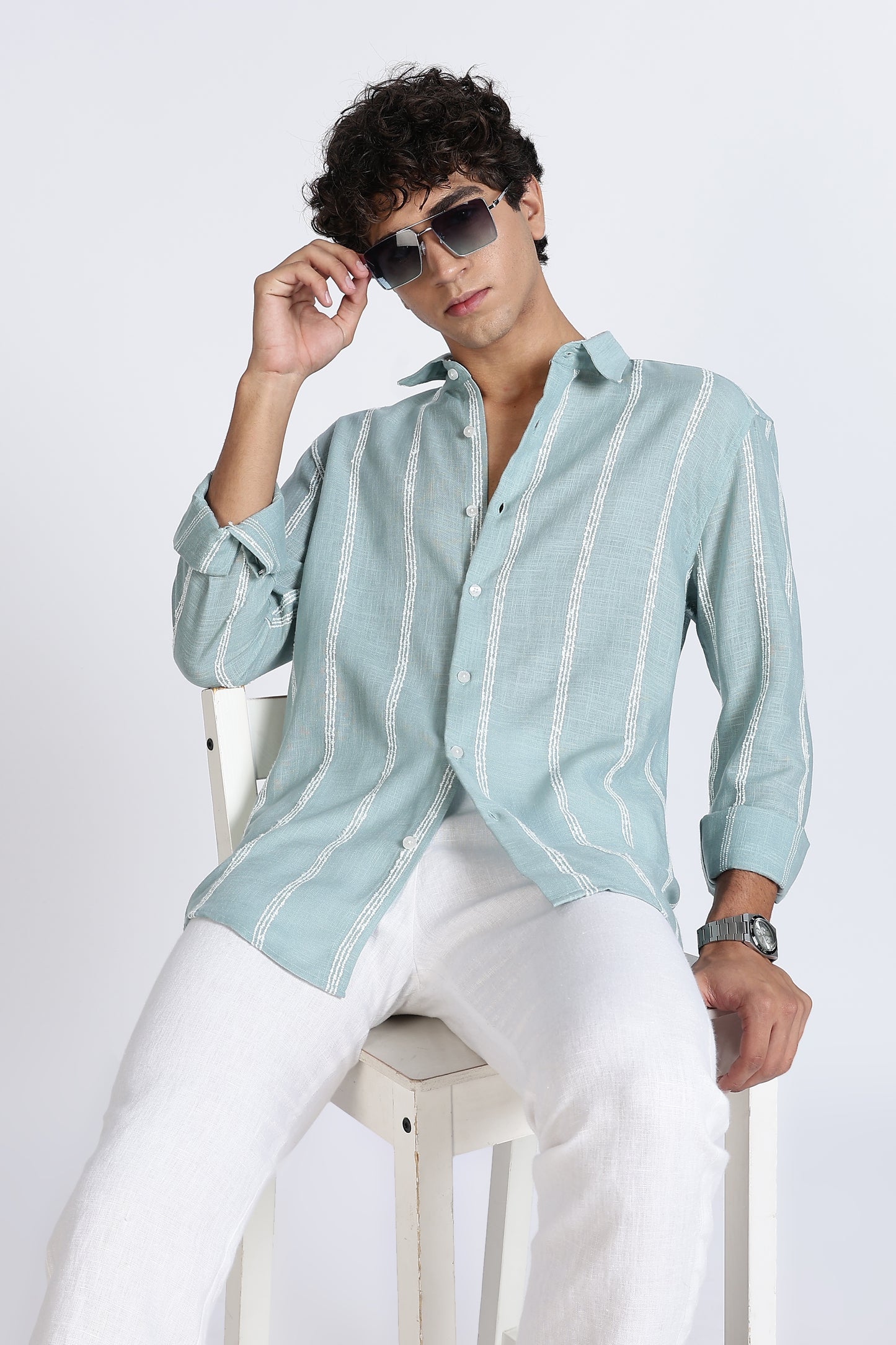 Regular Fit Mint Green Textured Linen Shirt