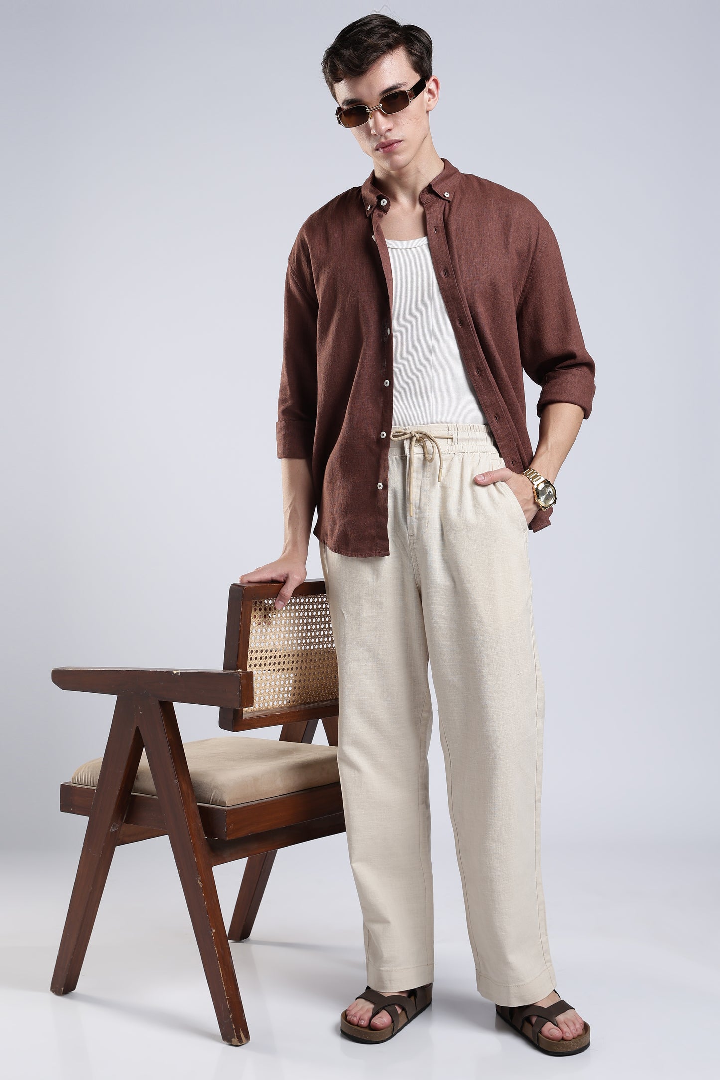 Linen Beige Straight Fit Pants .
