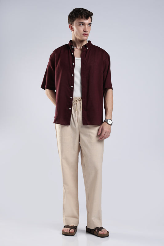 LINEN TAN BEIGE STRAIGHT FIT PANTS