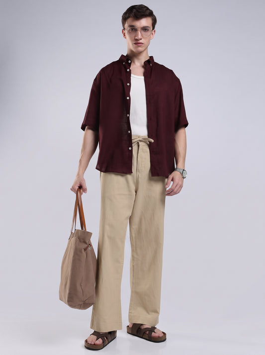 Linen Button Finish Neutral Beige Straight Fit Pants .