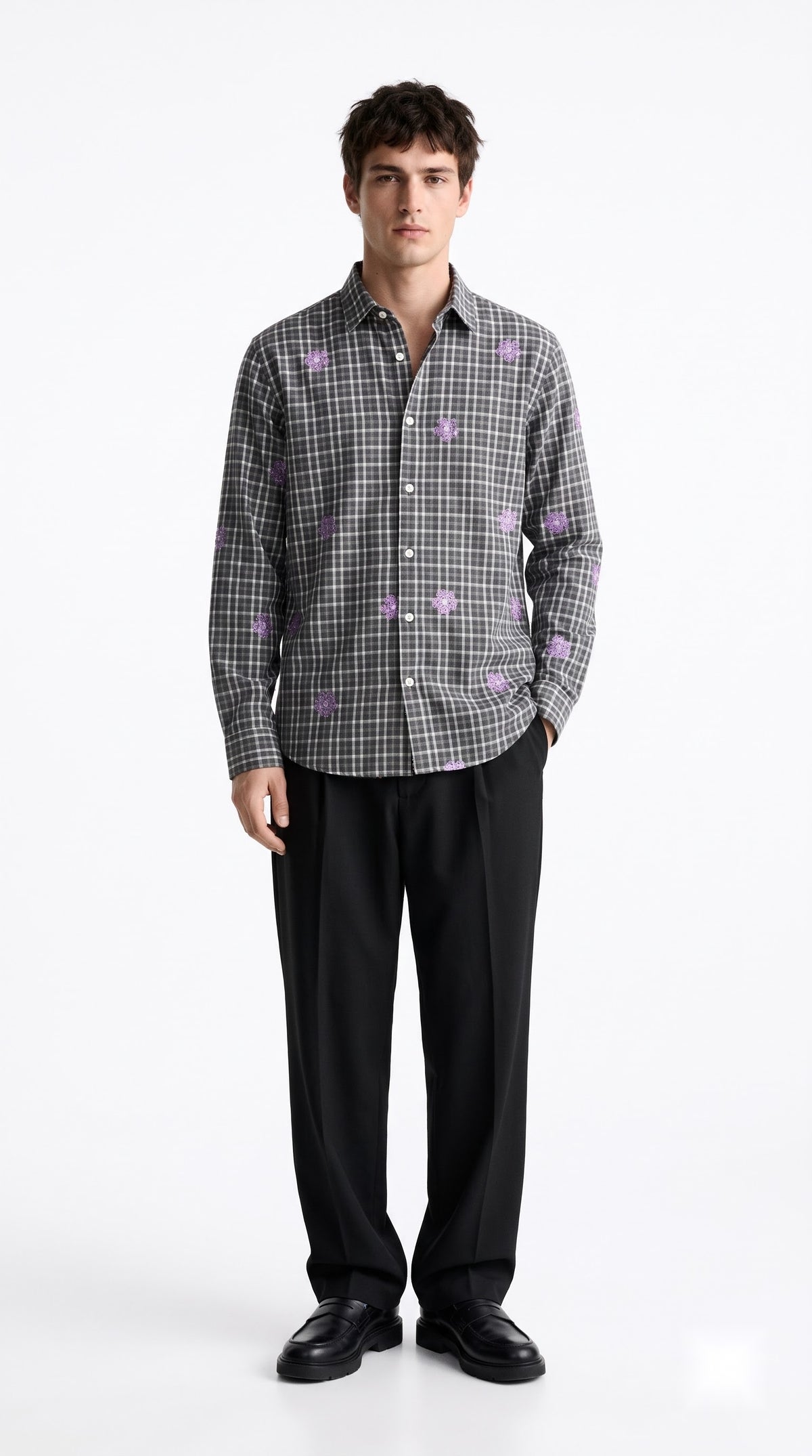 Charcoal Check Floral Embroidered Shirt