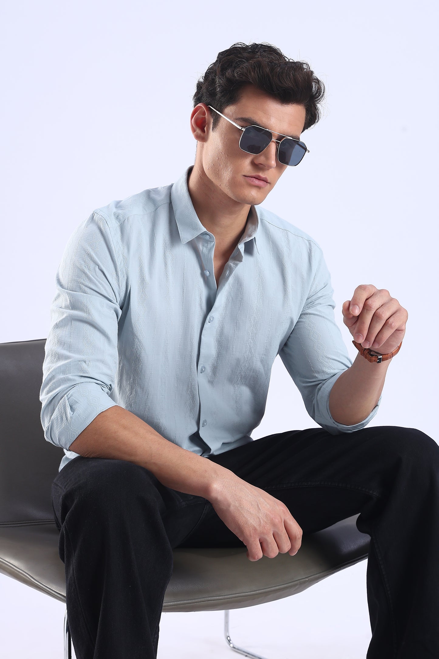 Regular Fit Light Blue Textured Casual Shirt