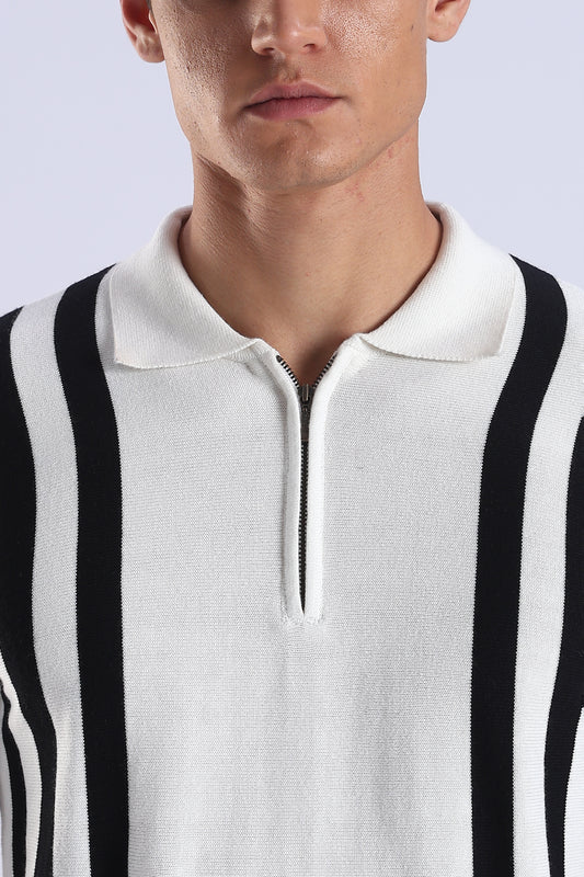 Slim Fit Polo Zipper Tee Knitted With Black Stripes