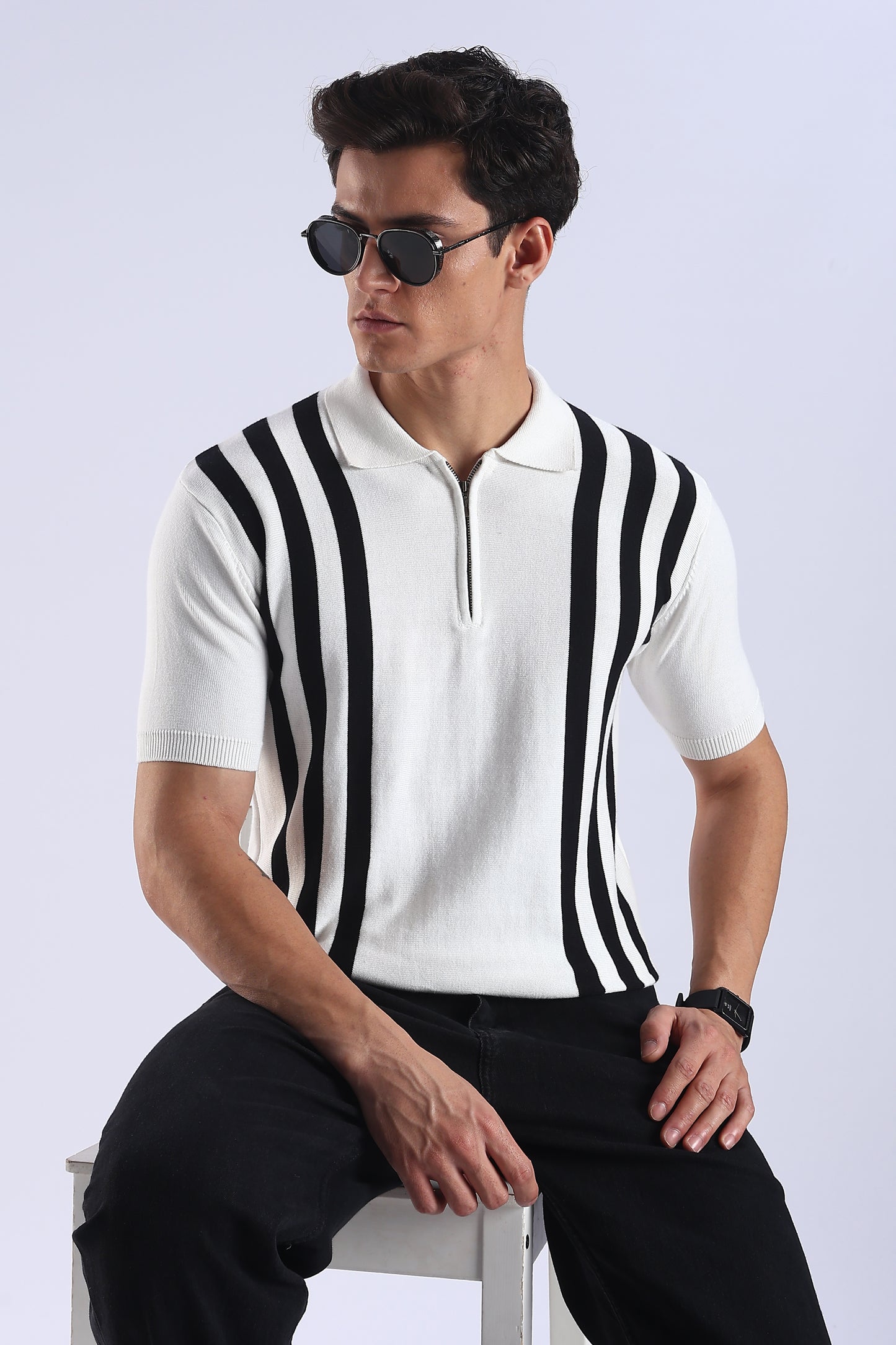 Slim Fit Polo Zipper Tee Knitted With Black Stripes