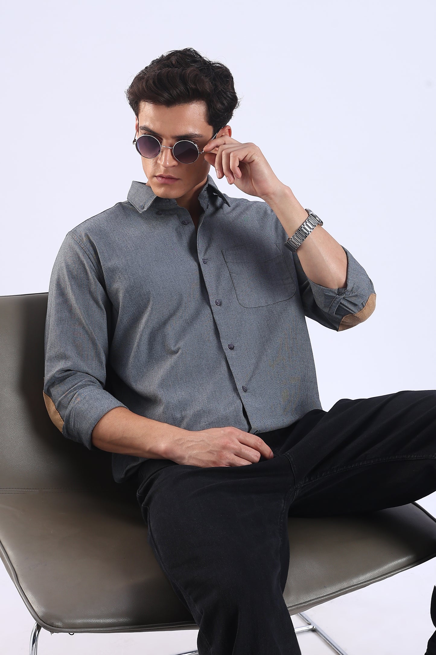 Regular Fit Dark Grey Elbow Patch Shirt