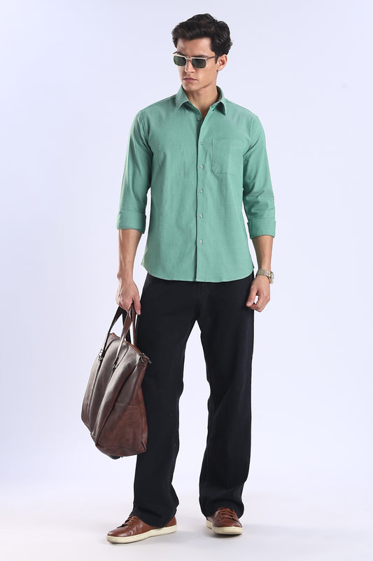 Regular Fit Elbow Patch Design Plain Light Green Shirt
