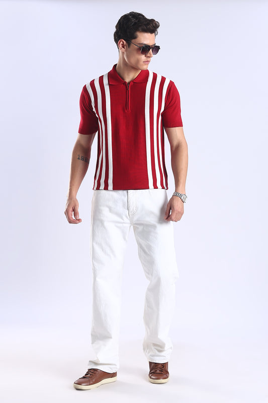 Slim Fit Polo Zipper Tee Knitted With White Stripes