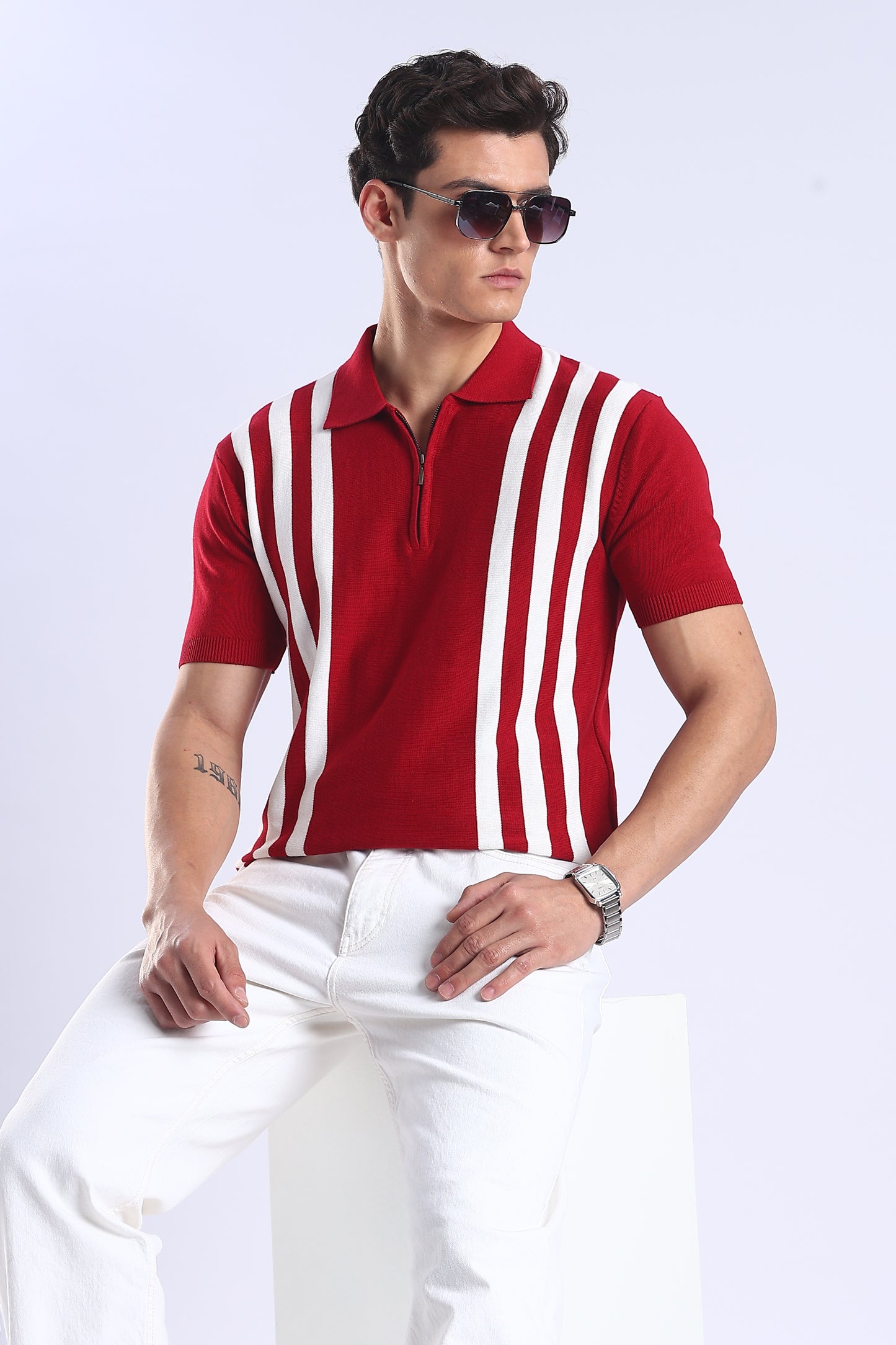 Slim Fit Polo Zipper Tee Knitted With White Stripes
