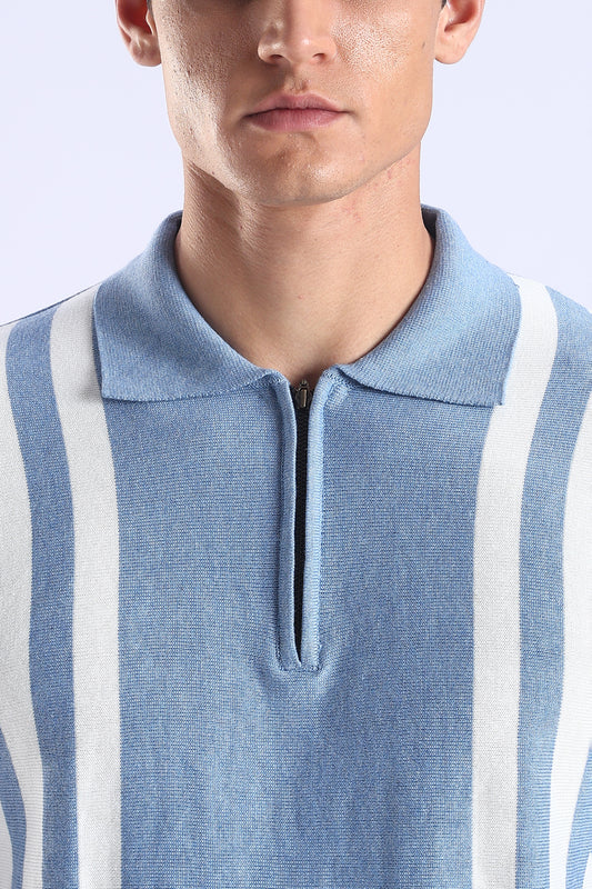 Slim Fit Polo Zipper Blue Tee Knitted With White Stripes