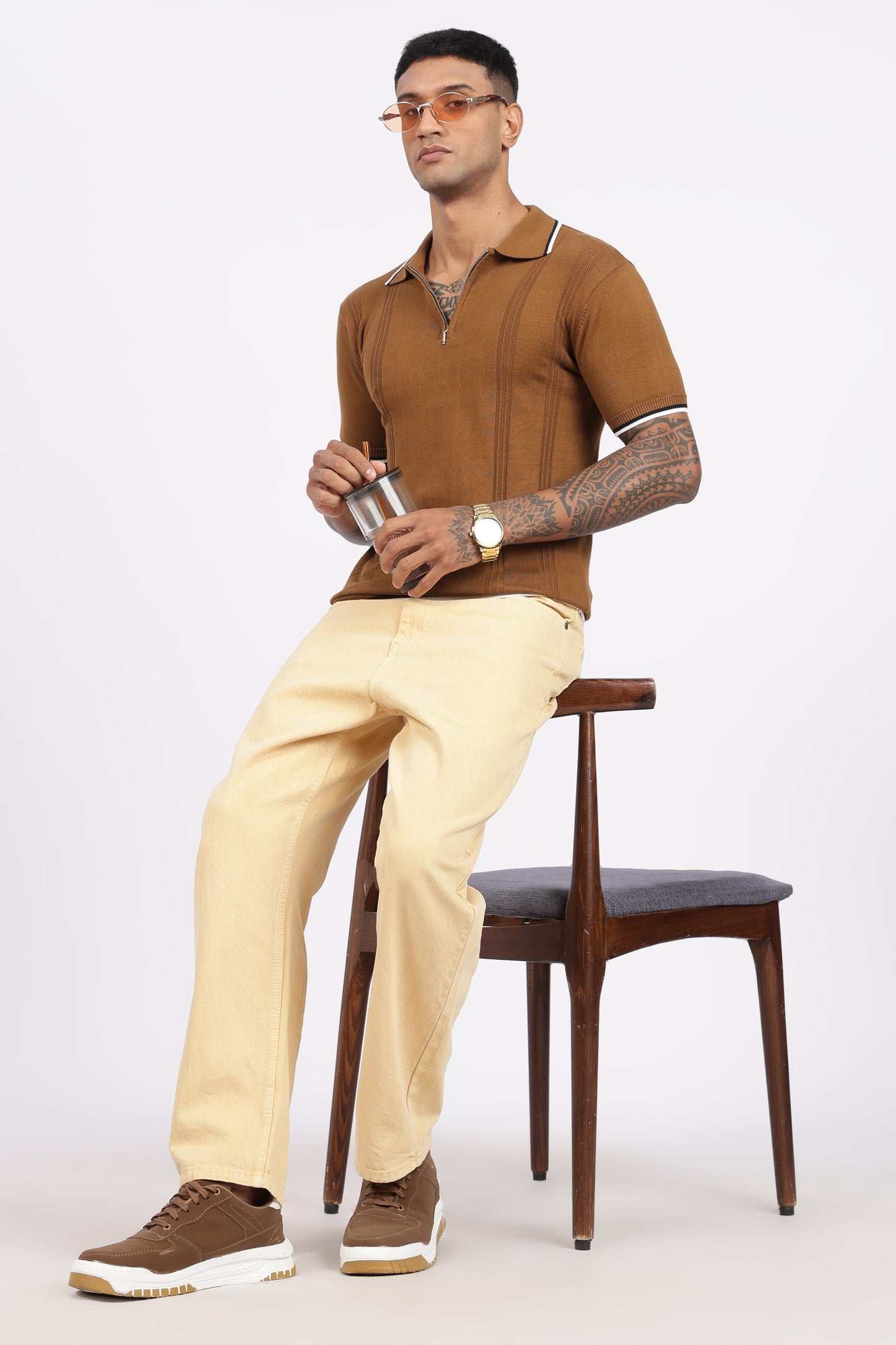 Camel Brown Textured Stripe Knit Zipper Polo T-Shirt