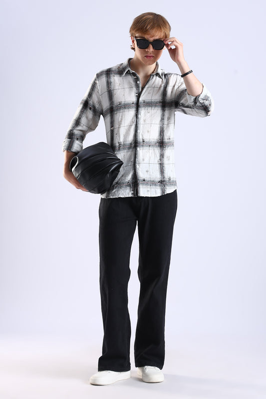 Regular Fit Torn White & Gray Washed Check Shirt