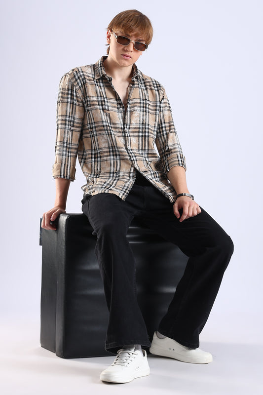 Regular Fit Torn Beige & Black Washed Check Shirt