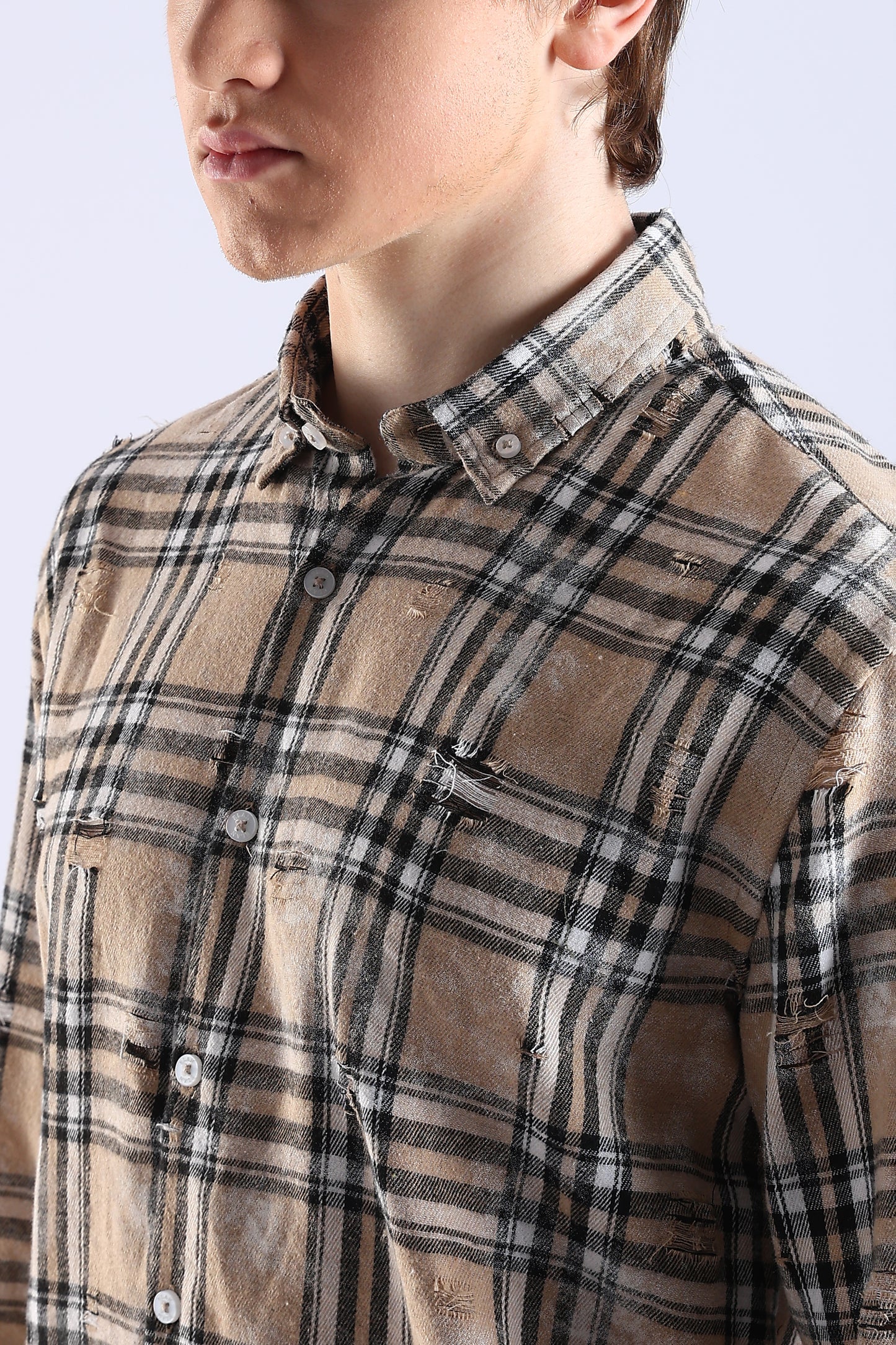 Regular Fit Torn Beige & Black Washed Check Shirt
