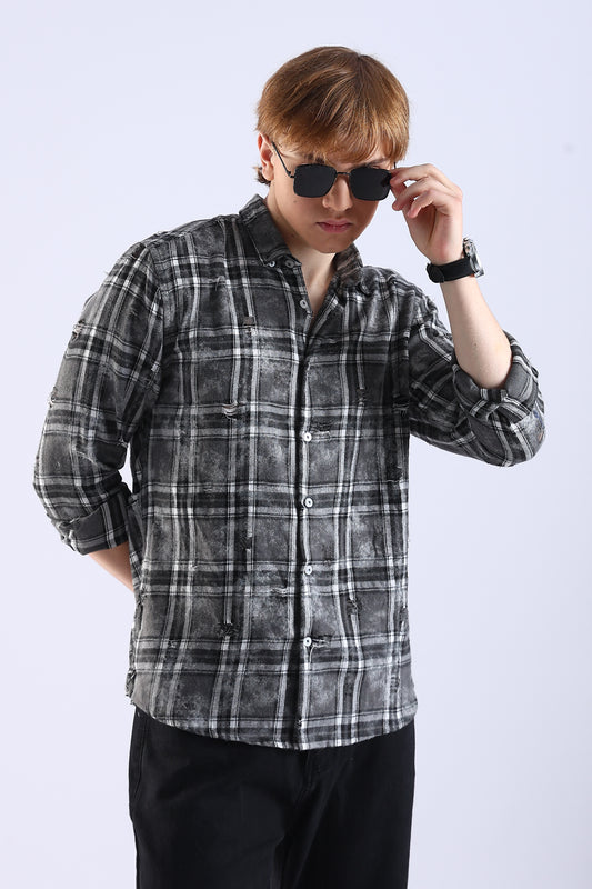 Regular Fit Torn Black & Gray Washed Check Shirt